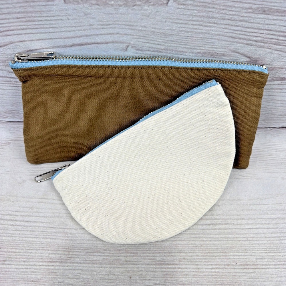New Elizabeth Suzann Zip Pouch 2-Piece Set Cotton Canvas Cream Brown Blue